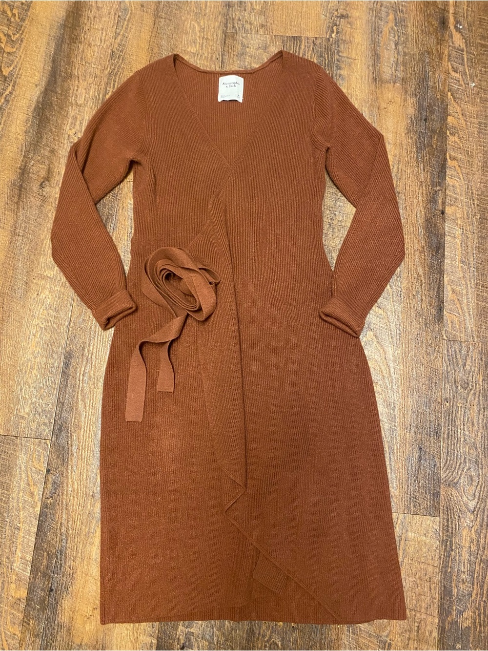 Abercrombie & Fitch Ribbed Knit Wrap Sweater Dress Rust Duster Cardigan size Med